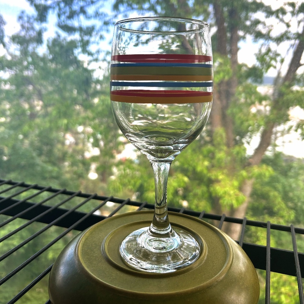 Vintage Libbey Fiesta Mambo Striped Wine Glass Red, Blue, Green & Yellow Stripes